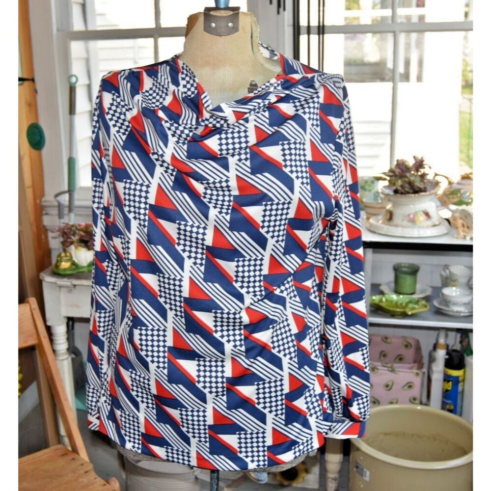 Vintage 60s Graphic Blouse - Lightweight Long Sleeve Cowl Neck, Size Large